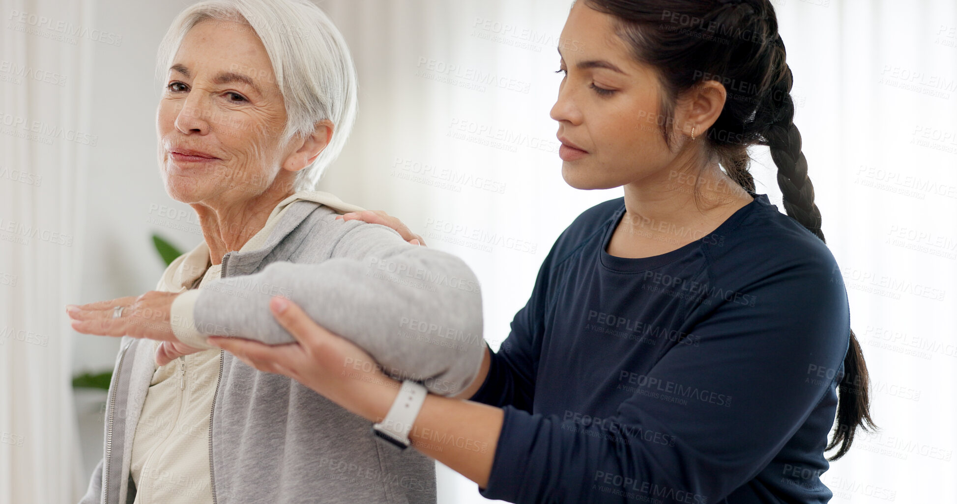 Buy stock photo Physiotherapy, arm stretching and senior woman assessment, test or body exam for chiropractic rehabilitation. Physical therapy, chiropractor injury healing or physiotherapist helping elderly patient