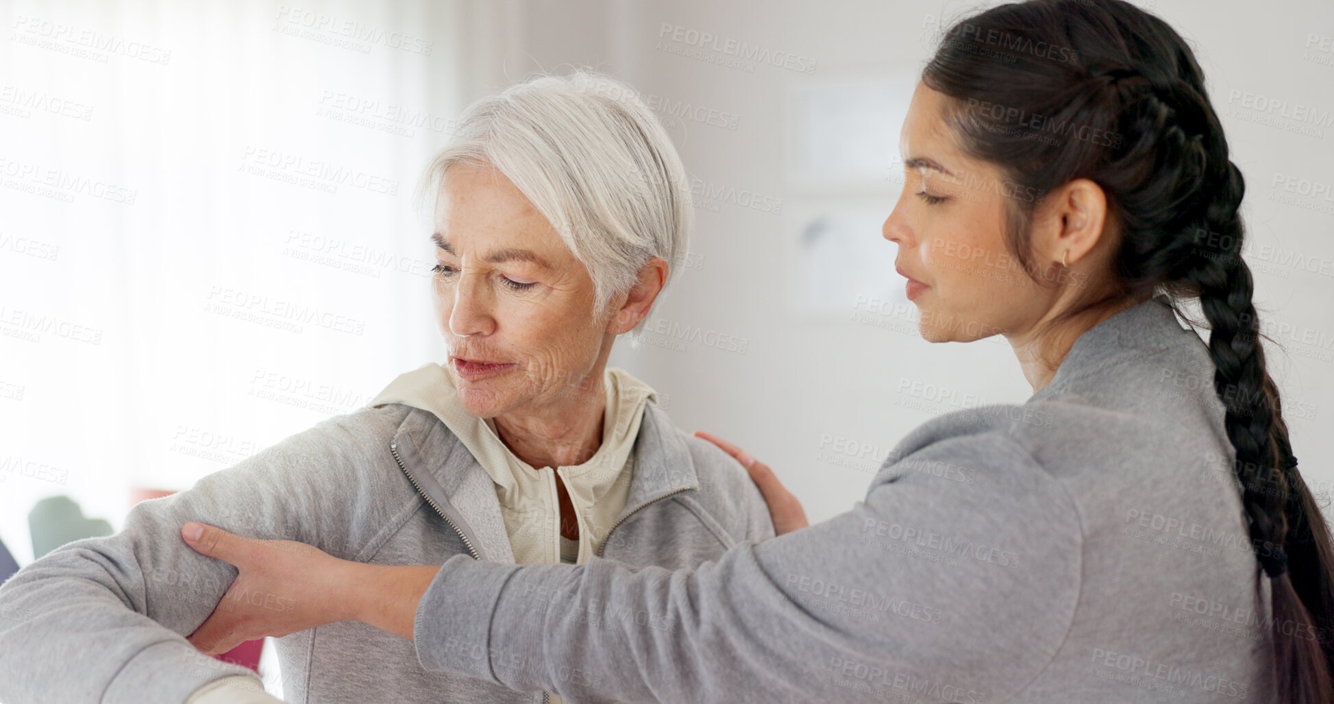 Buy stock photo Consultation, physical therapy and arm of senior woman with a nurse in a medical clinic or rehabilitation center. Healthcare, wellness and elderly patient talking to a physiotherapist at a checkup