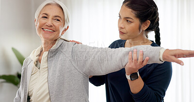 Physiotherapy, arm stretching and senior woman assessment, test or body exam for chiropractic rehabilitation. Physical therapy, chiropractor injury healing or physiotherapist helping elderly patient