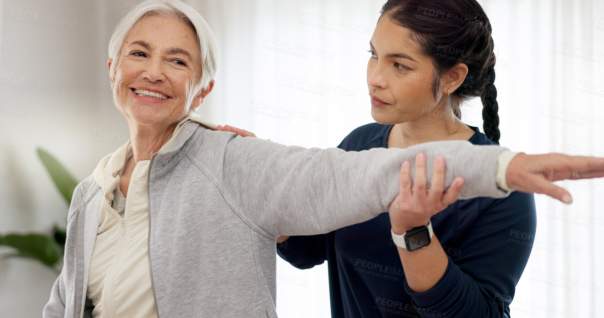 Buy stock photo Physiotherapy, consultation and senior woman stretching with nurse in a medical clinic or rehabilitation center. Healthcare, wellness and elderly patient or exercise with physiotherapist at checkup