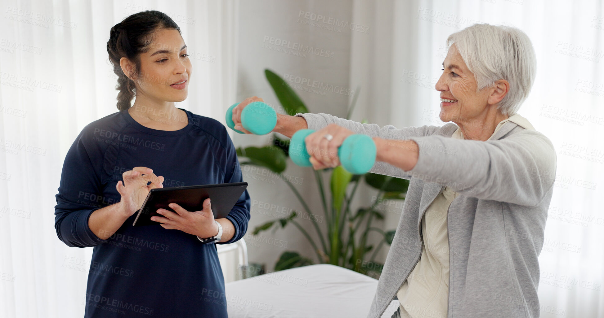 Buy stock photo Woman, dumbbell or tablet for physiotherapy, healthcare assessment or digital notes of rehabilitation progress. Physiotherapist, technology and senior patient exercise with weights for healing muscle