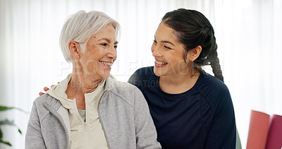 Happy, portrait of mom and grandmother in home with a smile for family, quality time or relax on mothers day in house. Senior woman, grandma and girl together with happiness, support and love