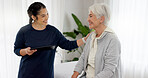 Consultation, physical therapy and senior woman with a nurse in a medical clinic or rehabilitation center. Healthcare, wellness and elderly female patient talking to a physiotherapist at a checkup.