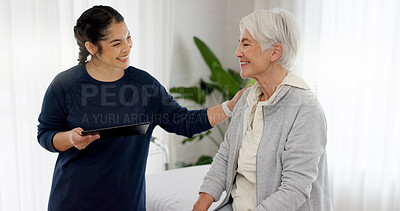 Buy stock photo Consultation, therapist senior woman with tablet for physical therapy in medical clinic or rehabilitation center. Healthcare, wellness and elderly female patient talking to physiotherapist at checkup