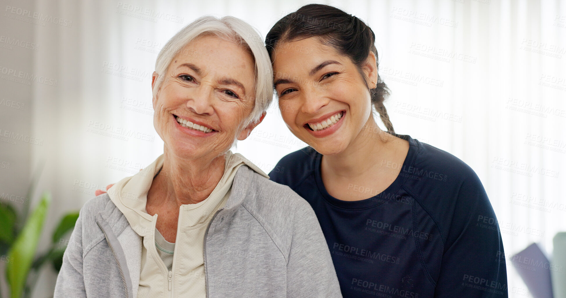 Buy stock photo Portrait, fitness and a woman with her senior mother in the home together for a retirement visit. Family, yoga and an elderly parent with her happy young daughter in a house to relax while bonding