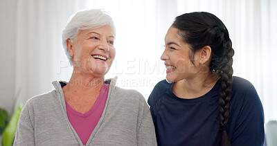 Happy, portrait of grandmother and mom in home with a smile for family, quality time or relax on mothers day in house. Senior woman, grandma and girl together with happiness, support and love