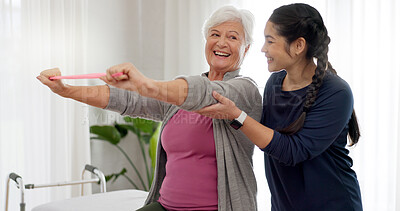 Physiotherapy, arm stretching band or old woman assessment, exercise or workout for chiropractic rehabilitation. Physical therapy consultation, support or physiotherapist helping senior happy patient