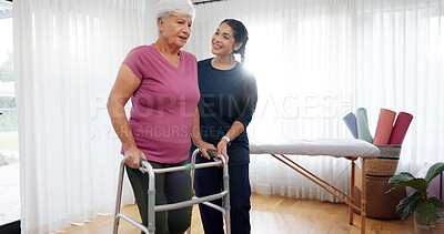 Physiotherapy, senior woman and walking frame support, Physical therapy consultation and muscle health. Elderly person or patient with disability and nurse, chiropractor or doctor helping in studio