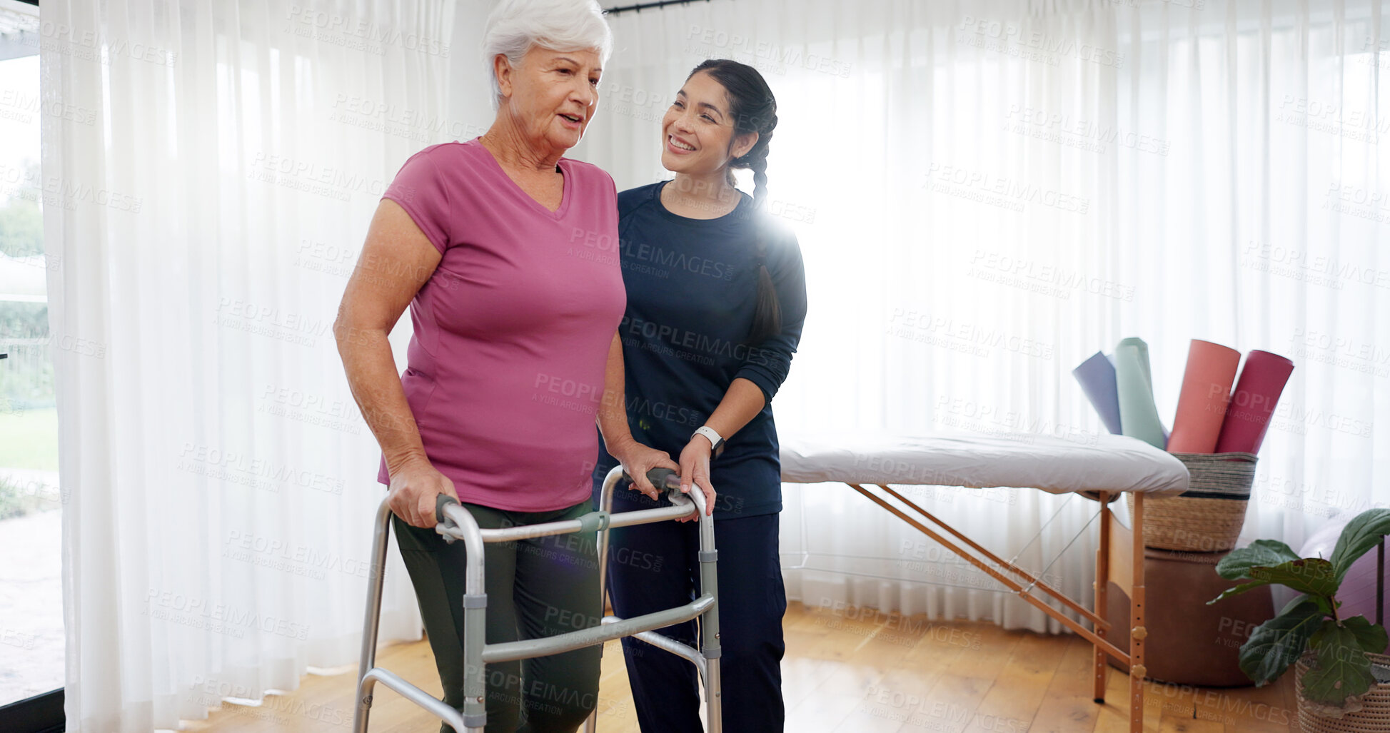 Buy stock photo Physiotherapy, walker and senior woman with disability for medical consulting, rehabilitation and healing. Physiotherapist support patient with walking frame, balance assessment and mobility progress