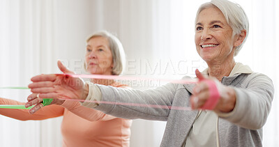 Band, yoga class and senior happy people stretching, listening and exercise arm for activity, retirement or club. Resistance fabric, pilates and elderly women training, fitness and workout in studio