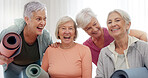 Yoga, class and face of senior happy people for retirement exercise, club membership and community wellness. Pilates friends, group portrait and elderly women at training, fitness and workout studio