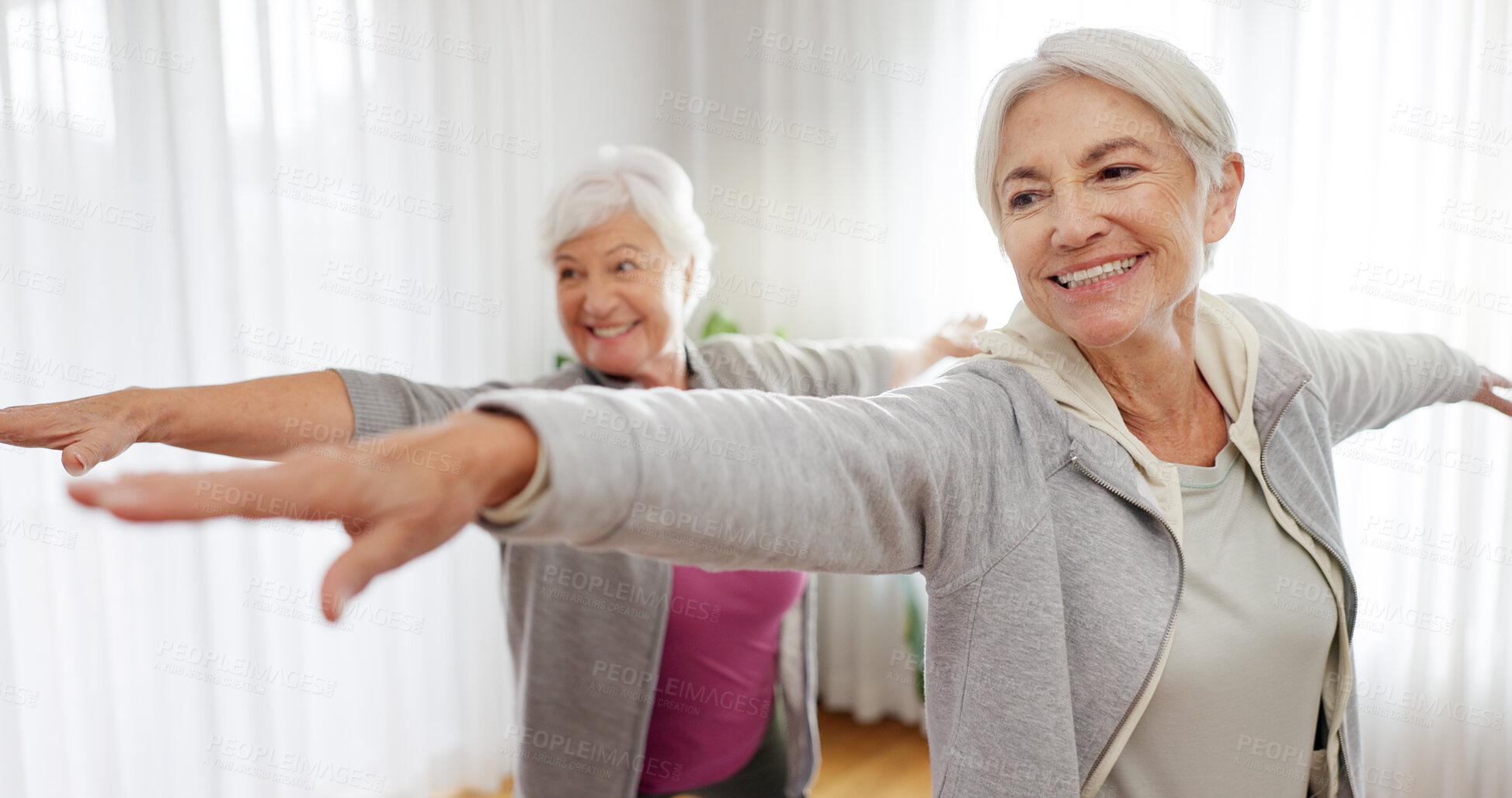 Buy stock photo Senior, woman and yoga stretching in home for fitness health, balance or wellness. Elderly people, friends or smile for strong pilates support or retirement joy, body happiness or exercise workout