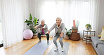 Fitness, yoga and elderly woman friends in a home studio to workout for health, wellness or balance. Exercise, zen and chakra with senior people training for mindfulness together while breathing