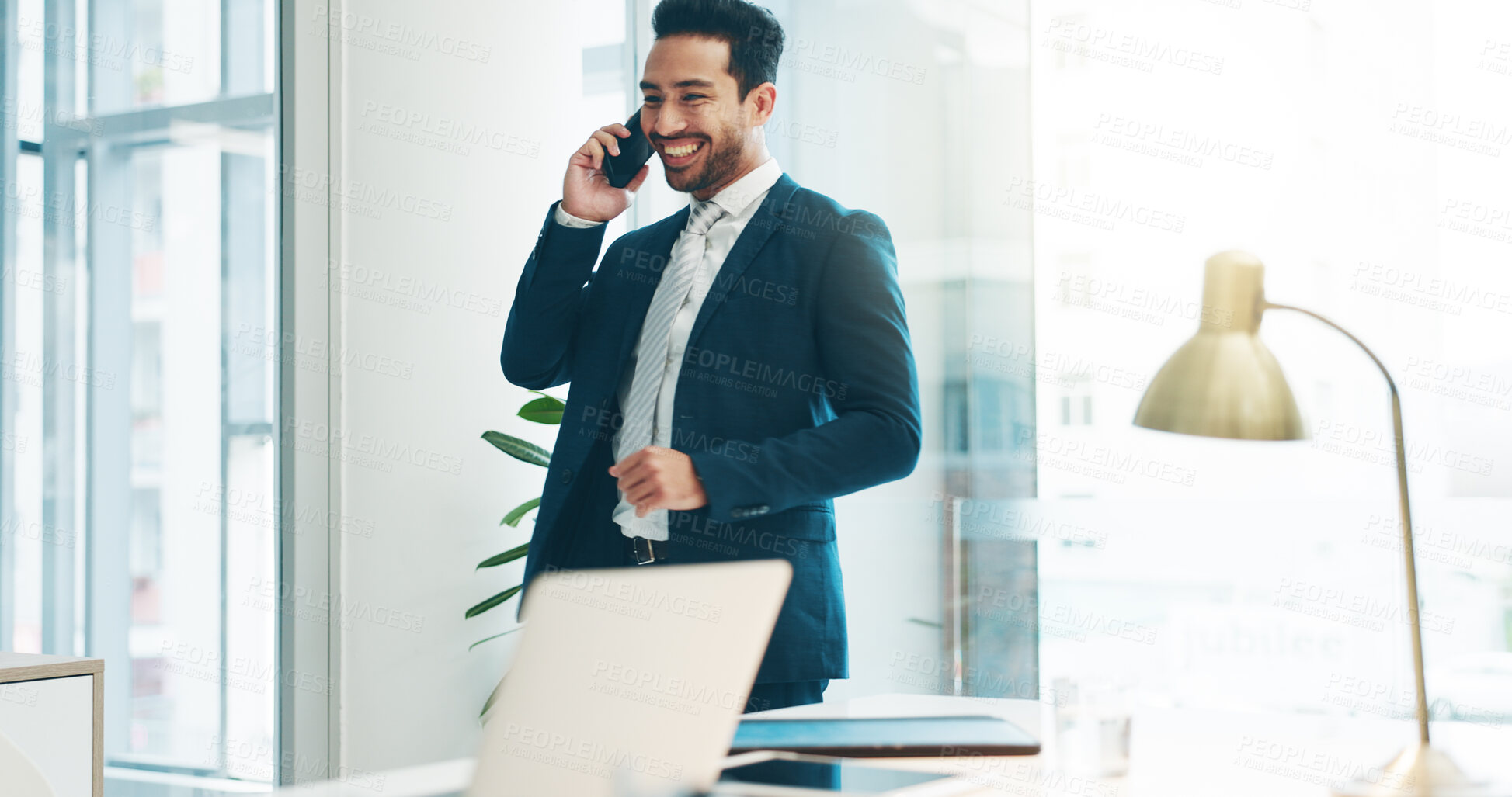 Buy stock photo Business, asian man and happy phone call in office for b2b communication of investing, deal or feedback on trading. Broker, agent or talking on cellphone to client, contact or stock market investor