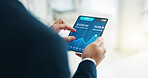 Hands, tablet and stock market trader for cryptocurrency price, graphs and data on fintech software. Closeup of business man, digital screen and financial trading, investment or infographic of stocks