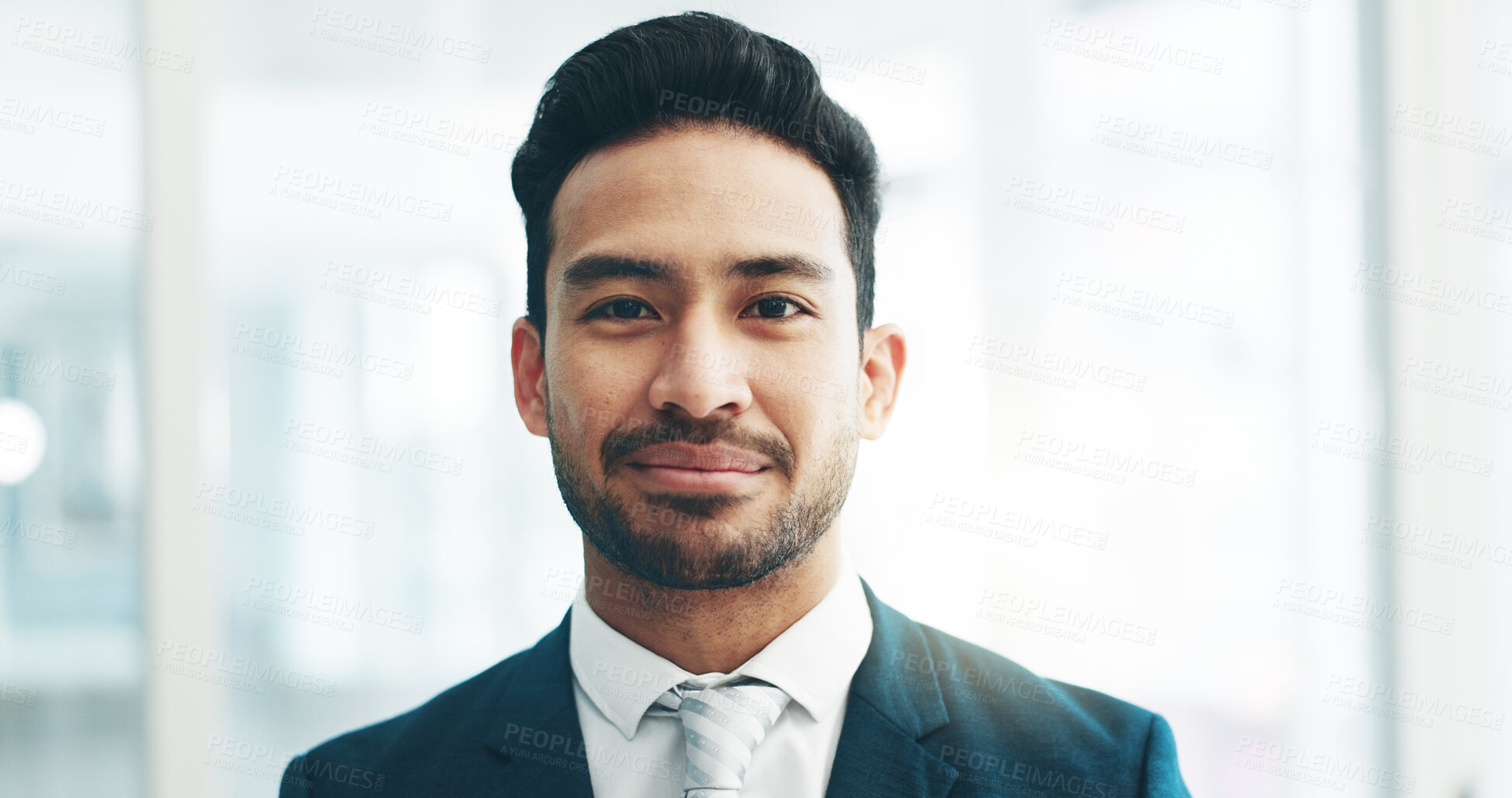 Buy stock photo Portrait, smile and business man in office, corporate company or workplace for career of employee. Face, happy lawyer and professional attorney, consultant and confident advocate working in Mexico