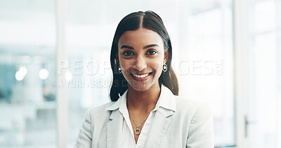 Smile, professional and face of business woman in office for lawyer, corporate and advocate. Pride, happy and attorney with portrait of employee laughing for legal career, happiness and comic