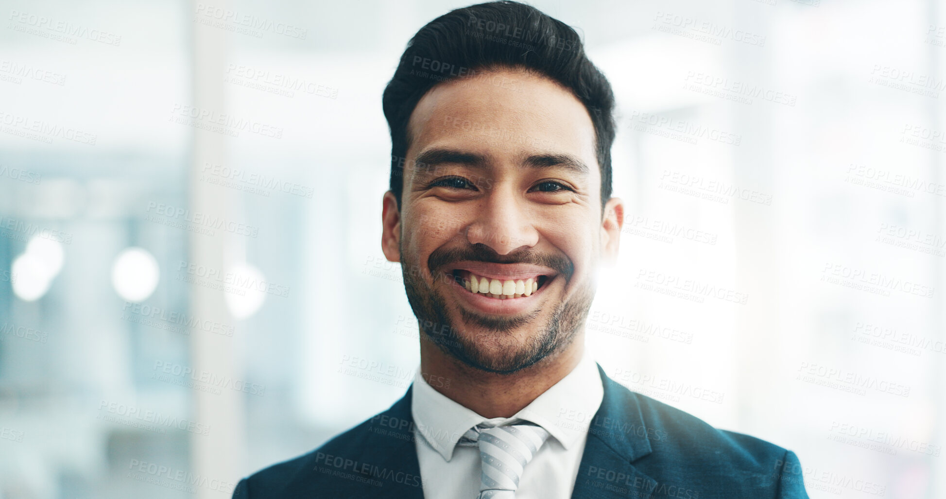 Buy stock photo Portrait, happy and business man in office, corporate company or workplace for career of employee. Face smile, lawyer and professional attorney, consultant and confident advocate working in Mexico