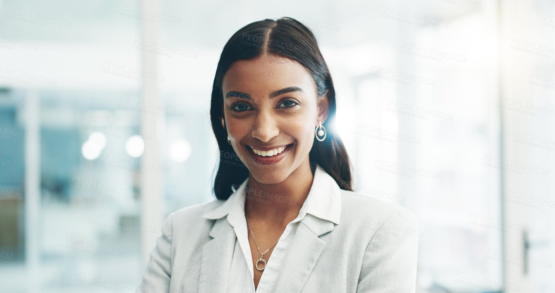 Buy stock photo Portrait, happy and business woman in office, corporate company or workplace for career of employee. Face smile, lawyer and professional attorney, consultant and confident advocate working in India