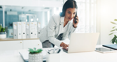 Phone call, laptop and business woman in office for planning, discussion and communication. Corporate worker, technology and female person speaking on computer for contact, network and conversation