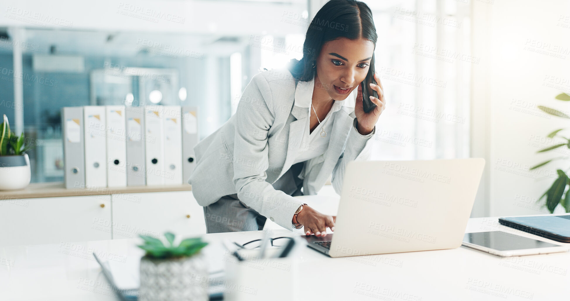 Buy stock photo Phone call, laptop and business woman in office for planning, discussion and communication. Communication, technology and lawyer talking on cellphone and computer for contact, network or conversation