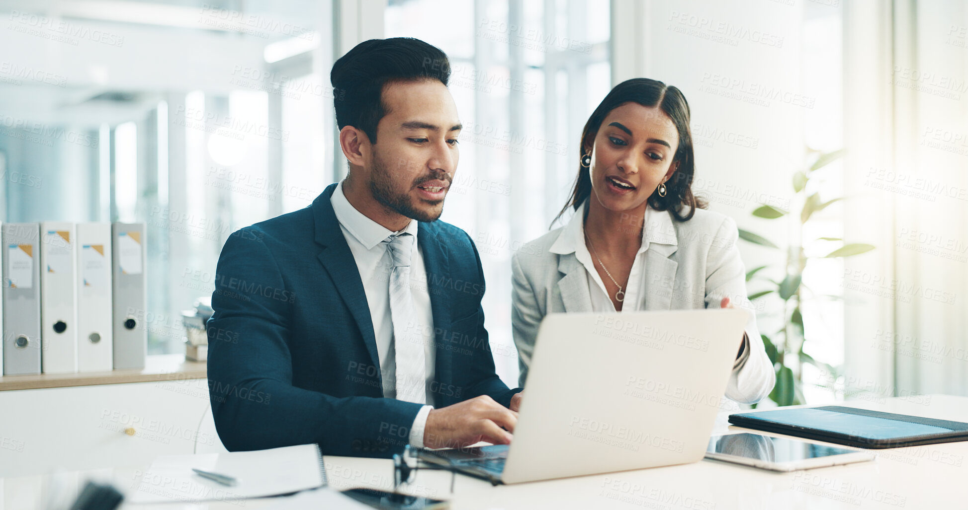 Buy stock photo Businessman, woman and laptop with coworking in office, partnership and coaching on online trading. Teamwork, training and business people working together at desk on project idea development website