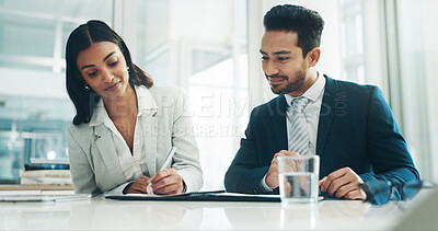Contract, deal and business people and partnership and sign agreement in office. Partnership, merger and agreement with businessman writing or sign contract paper for partnership