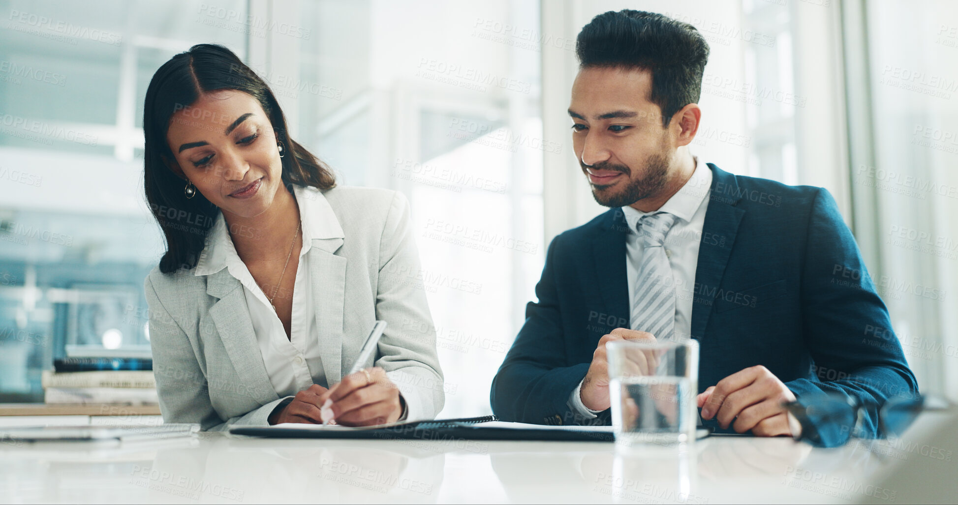 Buy stock photo Meeting, human resources and contract with business people in the boardroom of an office together. Interview, agreement or signature with a man and woman employee in the workplace for recruitment