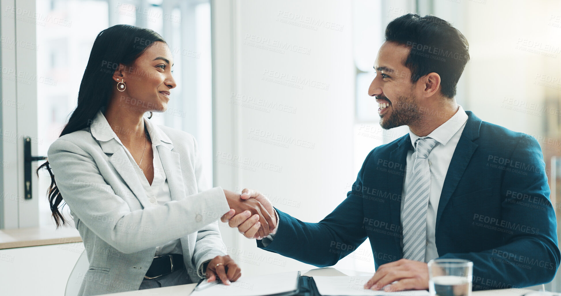 Buy stock photo Business people, meeting and handshake for success, lawyer deal and agreement, partnership or thank you. Professional clients or team shaking hands for congratulations, support or law firm consulting