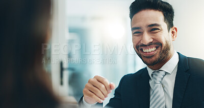 Happy businessman, laughing and listening to woman for funny joke, humor or comedy at the office. Friendly asian man smile with laugh for fun business discussion, social or conversation at workplace
