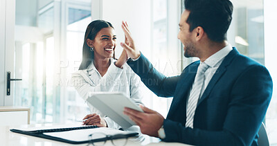 Buy stock photo Businessman, happy woman and tablet with high five in office with success, partnership and celebration. Target achievement, win and business people at desk with digital app, motivation and support.