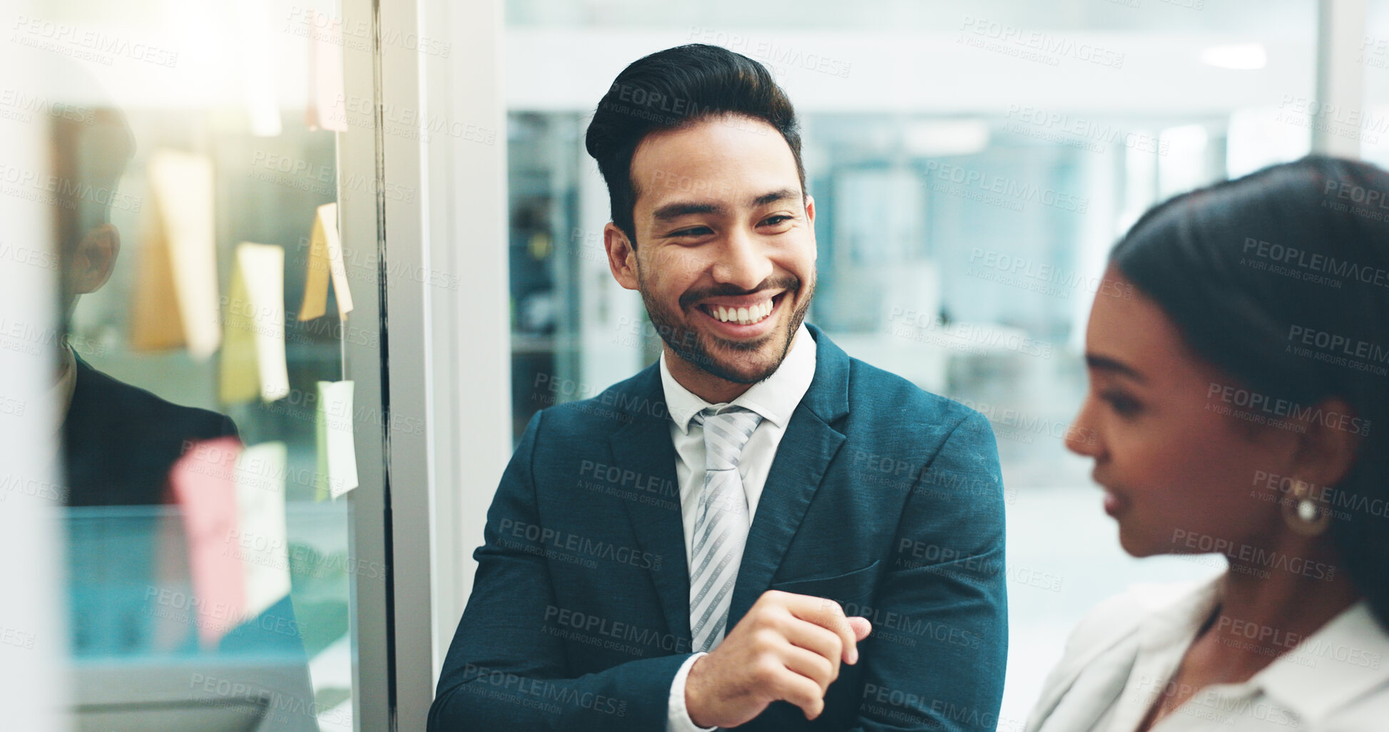 Buy stock photo Happy businessman, teamwork and planning at office on glass board for strategy, ideas or agenda. Asian man smile for team brainstorming, schedule tasks or project plan in collaboration at workplace