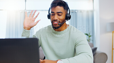 Video call, black man and work from home, virtual communication or remote client tech support in call center career. Hello, wave of indian person, agent or consultant in living room on laptop talking