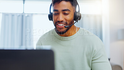 Video call, black man and work from home, virtual communication or remote client tech support in call center career. Hello, wave of indian person, agent or consultant in living room on laptop talking