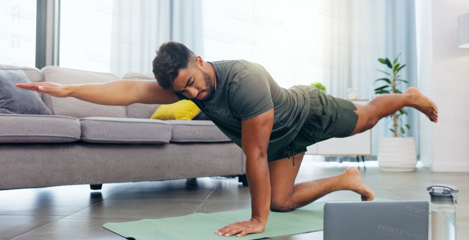 Buy stock photo Yoga, calm and a man doing meditation from a laptop for relaxation, exercise and mindfulness. Morning, fitness and a guy stretching while listening to calming music and following a tutorial on a pc