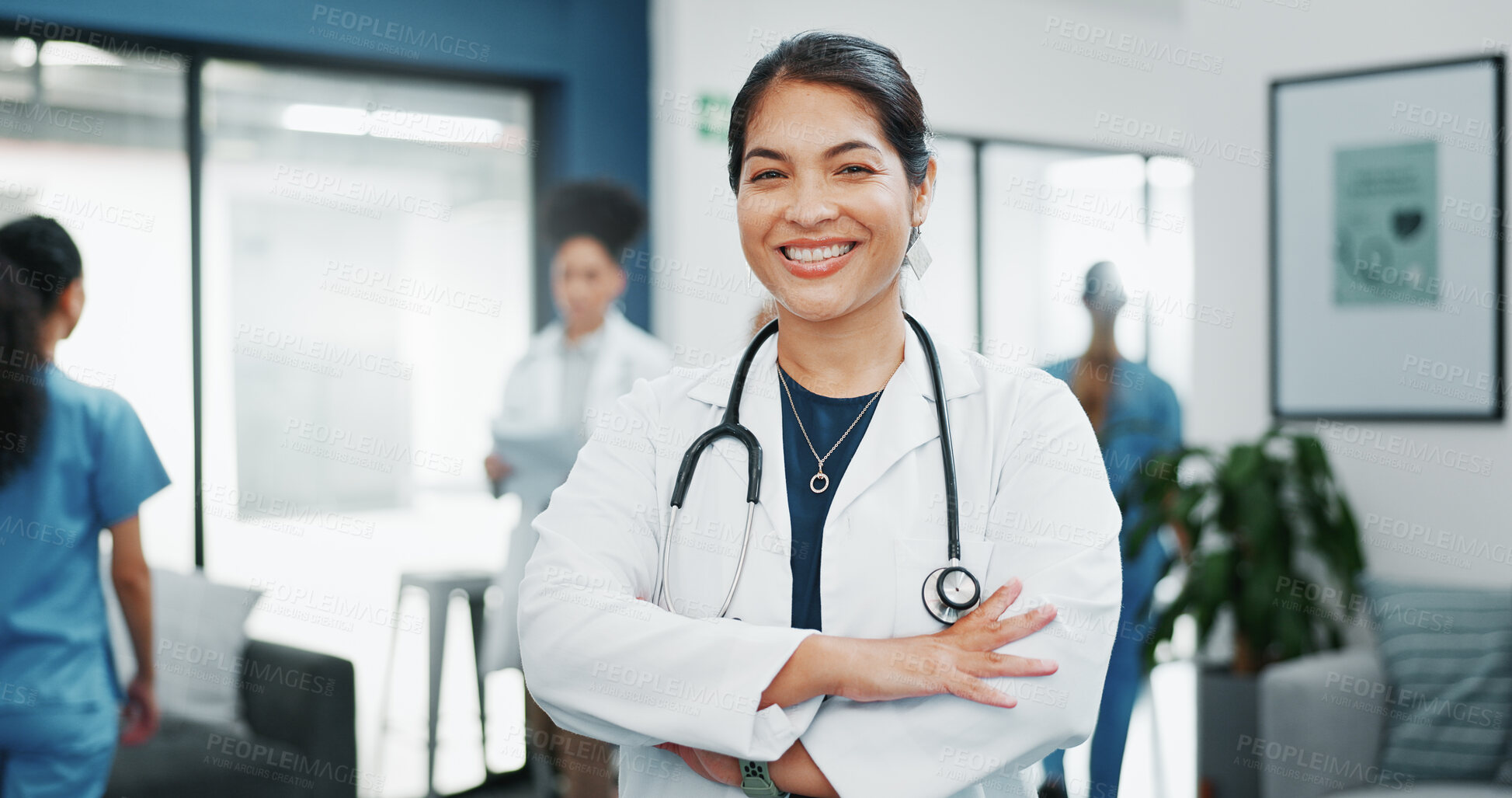 Buy stock photo Doctor, portrait or arms crossed in hospital for healthcare, medical insurance or wellness support. Smile, face or professional woman with confidence trust or help with medicine and service