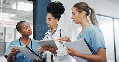 Doctors, nurses or women on tablet, documents or paper in diversity meeting, help collaboration or hospital teamwork. Talking, healthcare or workers on technology, surgery research or life insurance