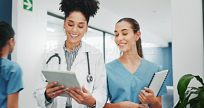 Buy stock photo Doctors, talking or women on tablet, healthcare or conversation with help, surgery research and collaboration. Hospital teamwork and group with happiness, technology and advice with online reading