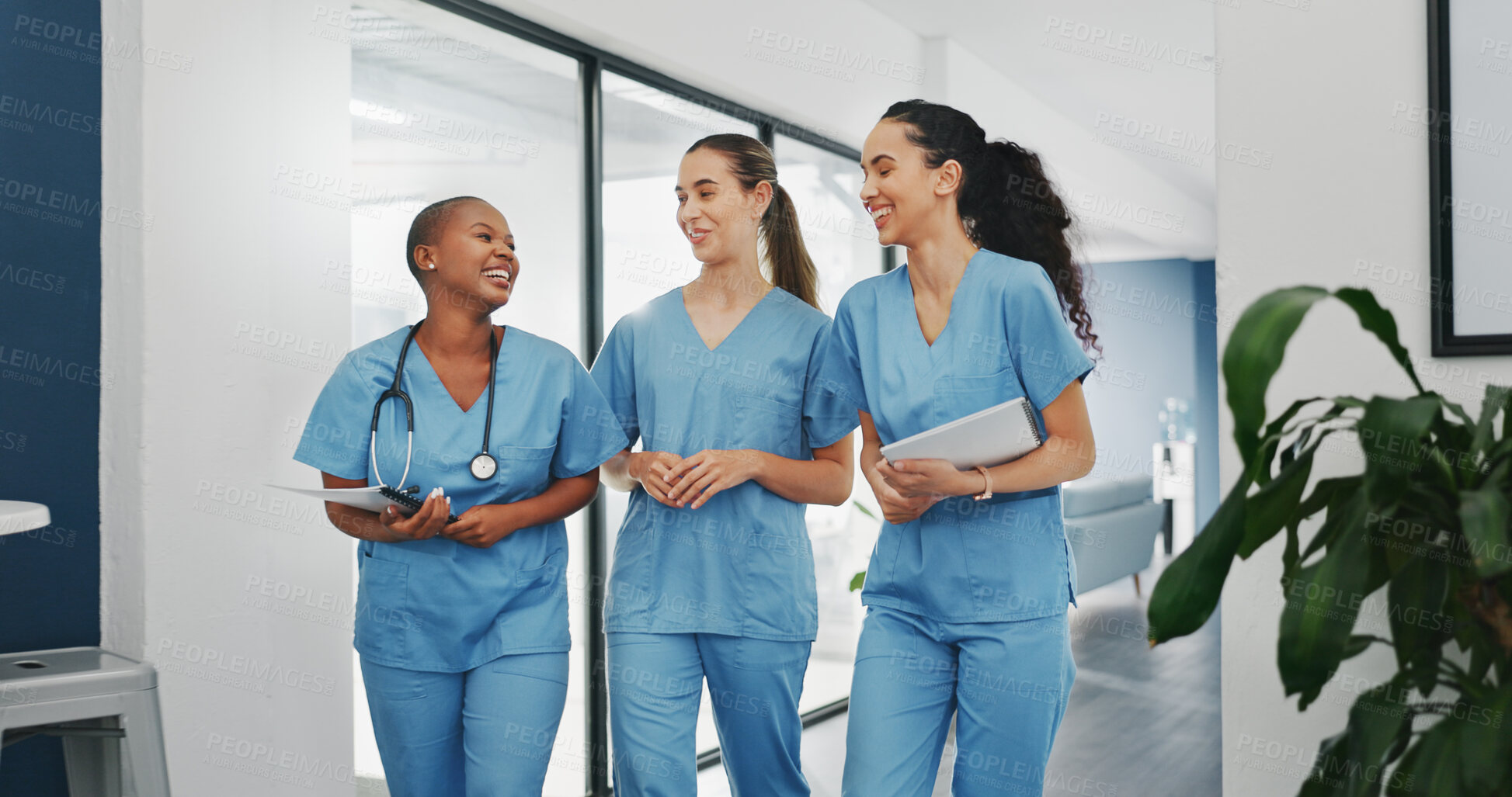 Buy stock photo Happy nurses, talking or walking in hospital in teamwork, nurse collaboration with documents. Doctors, women or healthcare workers laugh in communication or discussion for medicine treatment on break