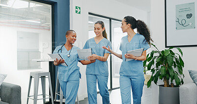 Buy stock photo Doctors, research or women on tablet, documents or conversation with diversity, healthcare and collaboration. Hospital teamwork and group with internet, technology and life insurance with teamwork