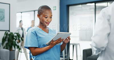 Buy stock photo News, black woman or doctor on tablet for research, medical update or telehealth web service in clinic. Email, reading info or African nurse in professional healthcare with digital tech in hospital