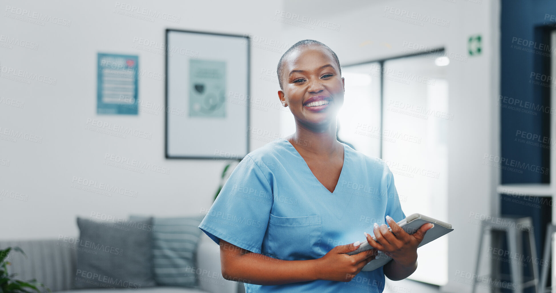 Buy stock photo Portrait, happy black woman or doctor on tablet for research, medical update or telehealth service. Science, smile or African nurse in professional healthcare with digital tech in hospital or clinic