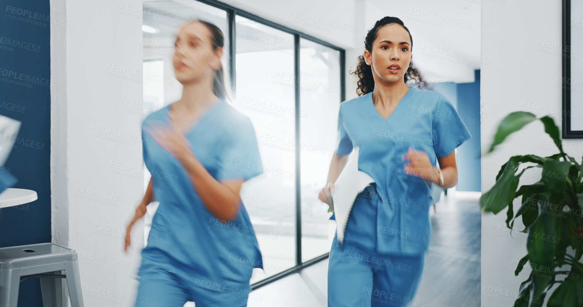 Buy stock photo Doctors, team and running in hospital for emergency, crisis and trauma or accident with patient. Nurses, hurry and rushing for medical problem, support and surgery or teamwork in healthcare medicine