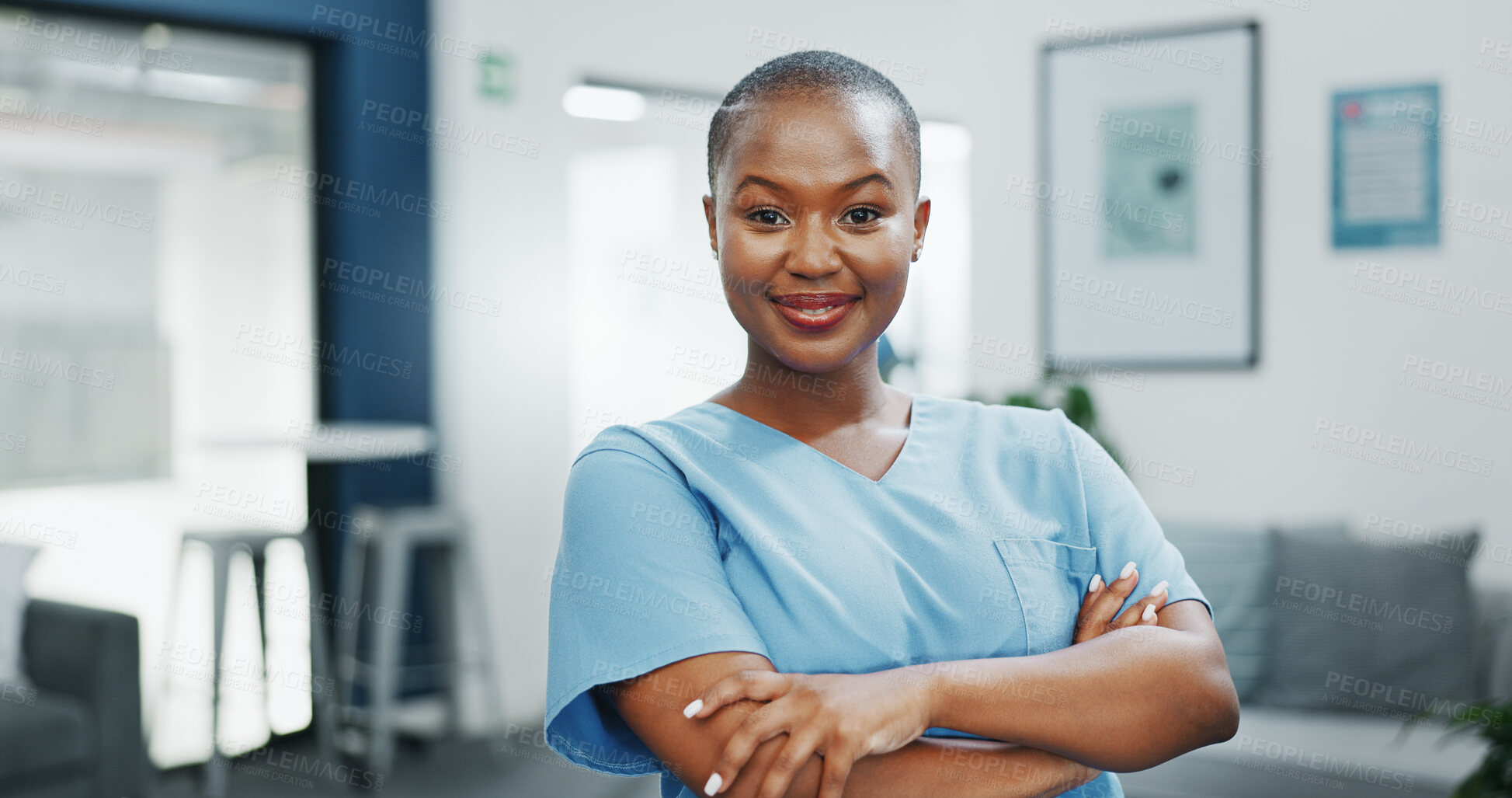 Buy stock photo Nurse, portrait or arms crossed in hospital for healthcare, medical life insurance or wellness support. Smile, face or professional black woman with confidence trust or help for medicine internship