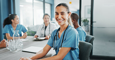 Buy stock photo Happy woman, portrait or nurse in hospital meeting for medical planning, medicine or treatment. Smile, group training or face of healthcare worker in clinic for teamwork, collaboration or doctors