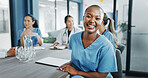 Black woman, face or nurse in hospital meeting for medical planning, life insurance medicine or treatment training. Smile, happy and healthcare worker portrait in teamwork, collaboration or diversity