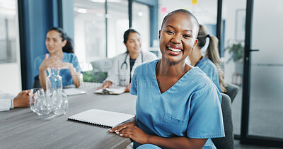 Buy stock photo Black woman, portrait or nurse in hospital meeting for medical planning, medicine or treatment. Laughing, workshop or happy healthcare worker in clinic for teamwork, group collaboration or diversity
