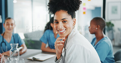 Woman, face or doctor in teamwork meeting, medical leadership or life insurance planning in hospital boardroom. Smile, worker or healthcare portrait in diversity, collaboration or clinic presentation