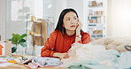 Woman or fashion designer thinking of ideas in manufacturing studio, inspiration or planning clothes production. Asian person contemplating creative or thoughtful strategy in textile, tailor business