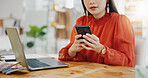 Woman, hands and smartphone for typing, connection and communication with social media, chatting and sms. Laptop, hand and female person with cellphone, mobile app and network for texting or message